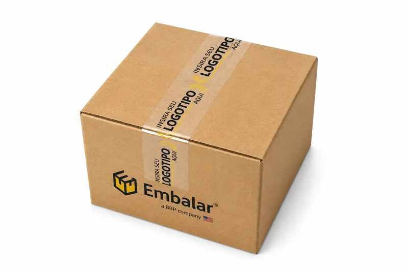 Caixa de papelão com fita personalizada aplicada